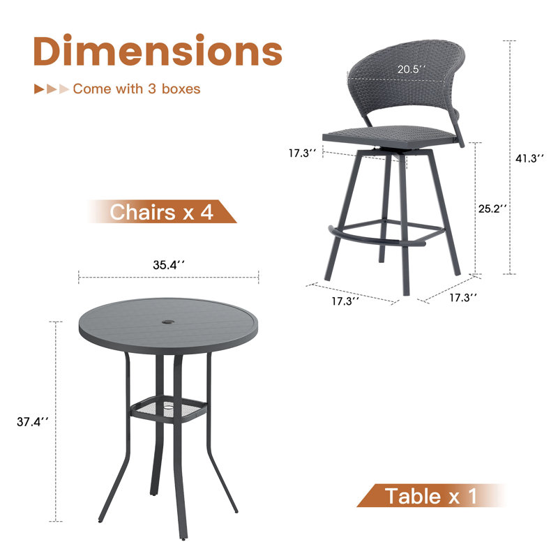 Ensemble bistro 5 pièces pour l'extérieur avec table de bar ronde et chaises de bar pivotantes rembourrées en osier
