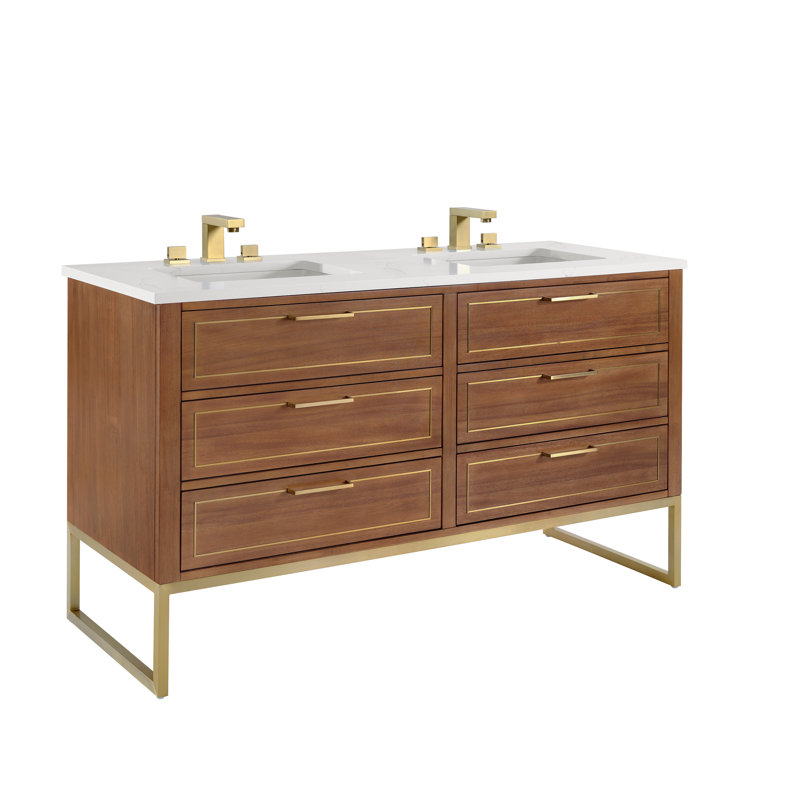 Ensemble de meuble-lavabo double 60 po Markham, Nuit noire, Quartz blanc, Laiton satiné