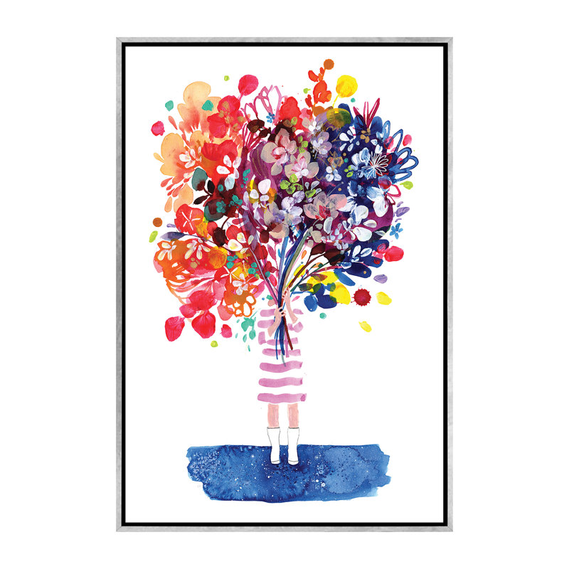 «Woman with Flowers» par CreativeIngrid - impression d'art graphique, H 60 po x l 40po x P 1,5 po, Toile avec cadre argenté