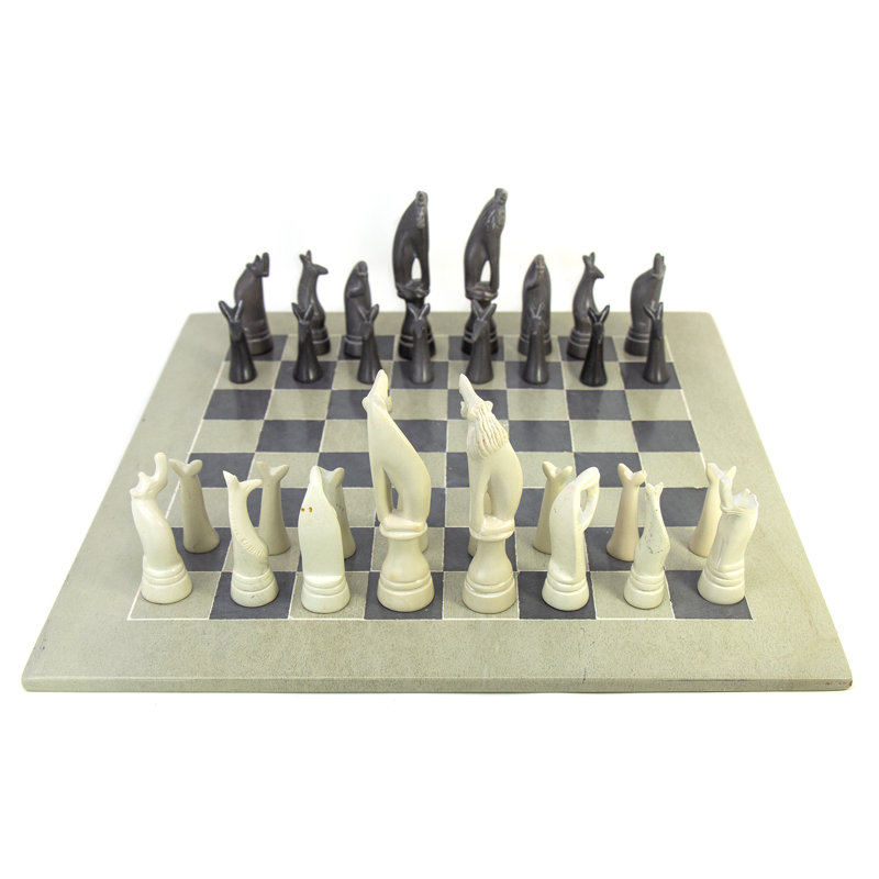Jeu d'échecs en pierre à savon sculpté à la main avec animal safari