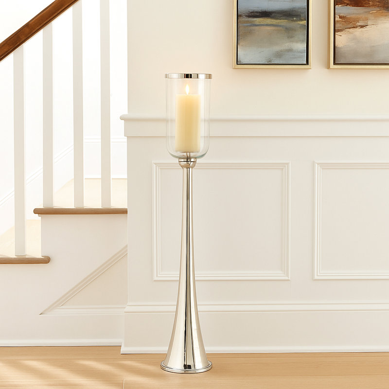 Grand porte-bougie moderne en métal et verre Modern, H 43 po x l 7 po x P 7 po, Argent argent