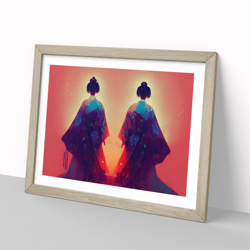 Two Geisha - Framed Print, 25cm H x 34cm W x 2cm D, Oak