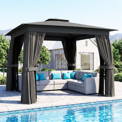Abri de jardin extérieur 10 pi x 12 pi, abri de jardin à toit souple avec double toit, rideaux, filet, structure en acier, protection UPF30 +, crochets de plafond pour la pelouse, la cour, la terrasse, kaki
