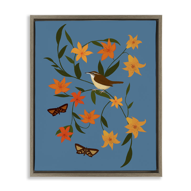  "Sparrow on Lily Bunches", art mural par Michelle Ingari Designs, H 31 po x l 25 po, Cadre flottant orme Montalcino