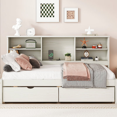 Creamy White Twin Daybed Frame With Side Compartments, Drawers & Port Bed Bookshelves And Drawers, Charging Feature