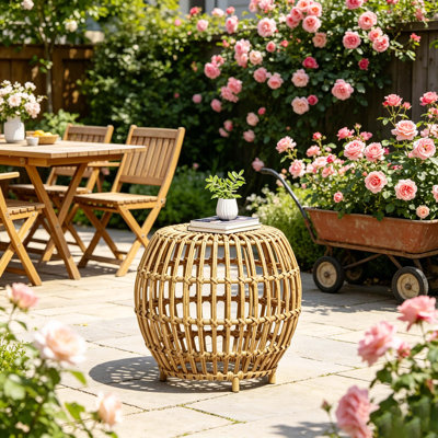 Light Brown Bohemian Faux Rattan Round Accent Table, Handcrafted Wicker Side Table For Indoor & Outdoor Use, For Living Room/Patio/Garden