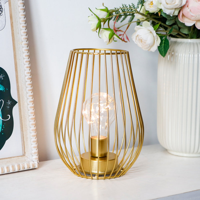 Metal Cordless Table Lamp Cage Shape Battery Operated Lamp with Warm Fairy Lights Bulb, Gold