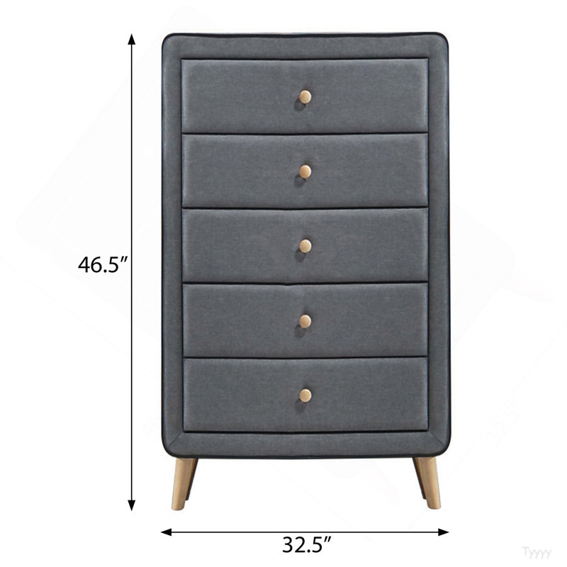 Commode 5 tiroirs rembourrée gris clair