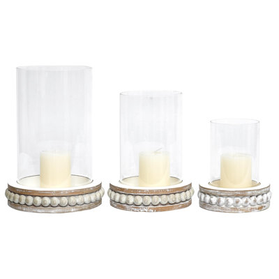3-piece Wood Beaded Glass Hurricane Candle Holder Set – Rustic Whitewashed Base
