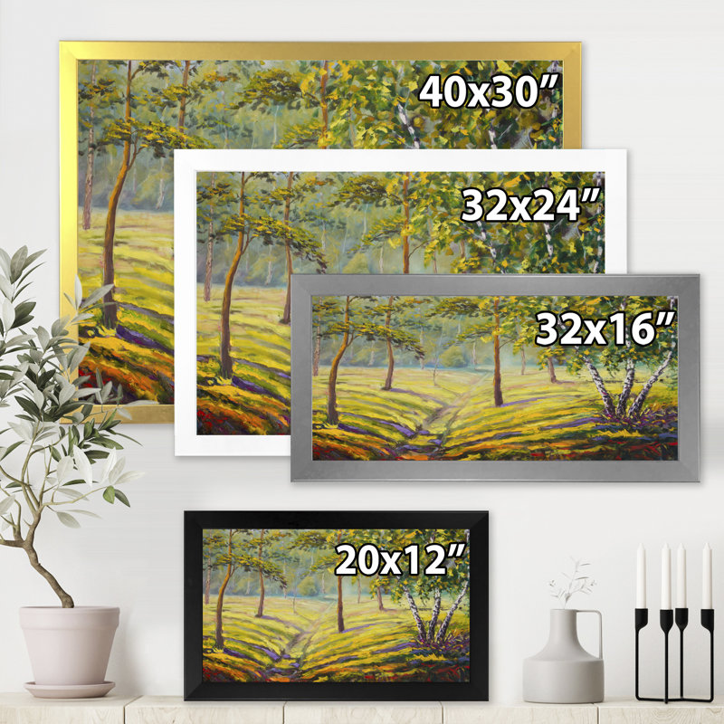 Pins et buissons dans la forêt II - peinture sur toile, H 24 po x l 32 po x P 1 po, Encadrement argenté