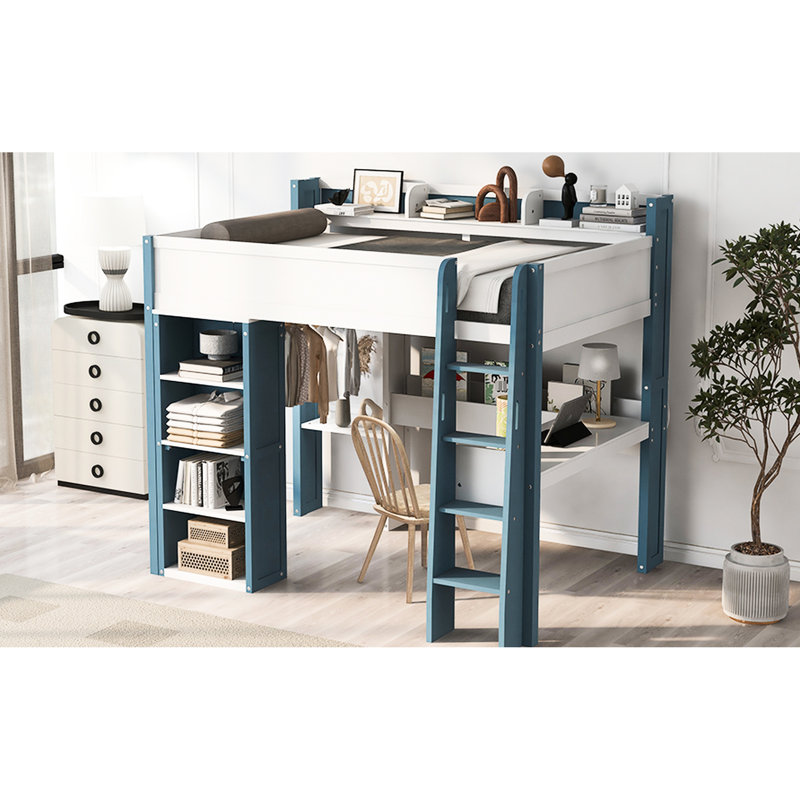Lit mezzanine double en bois blanc et bleu avec rangement et espace de travail - apparence élégante, fonction pratique, instructions d'installation simples, tablettes de bureau encastrées, esthétique moderne, espace généreux, assemblage
