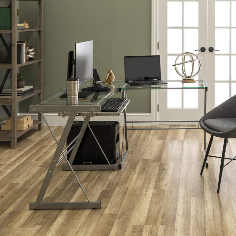 Wendell Modular L-Shaped Glass Steel Computer Desk, Silver / Clear Glass