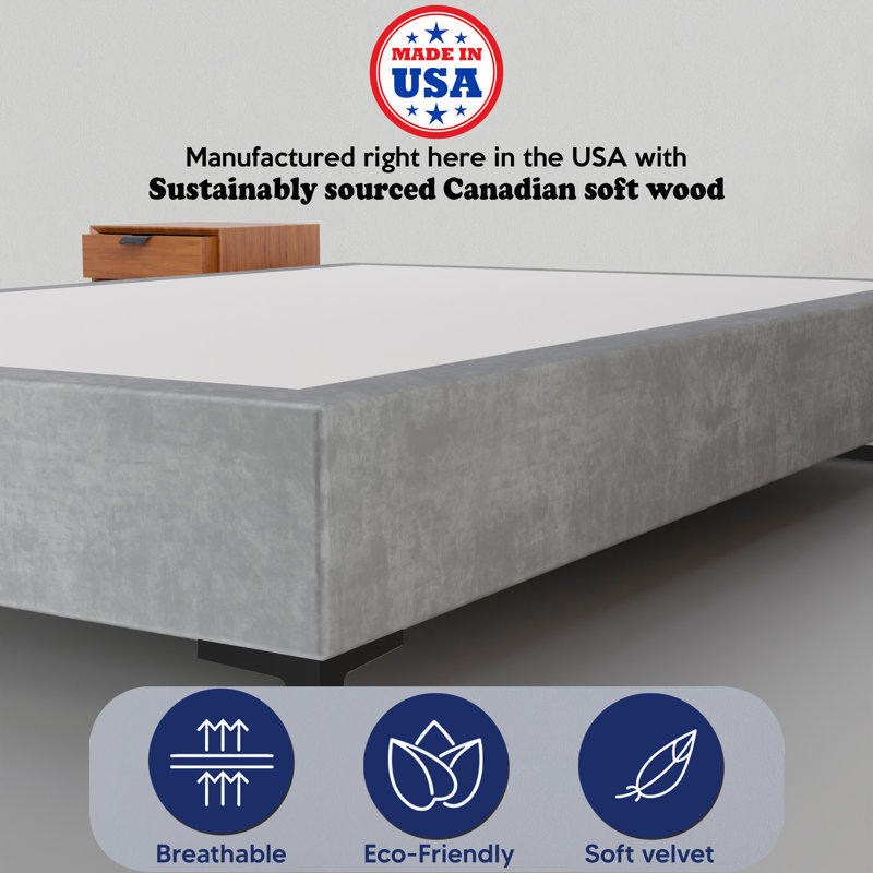 Makailah 15" Premium Velvet Material Wood Box Spring/Bed Frame, Durable, Stylish, Multi Color, Queen, Gray