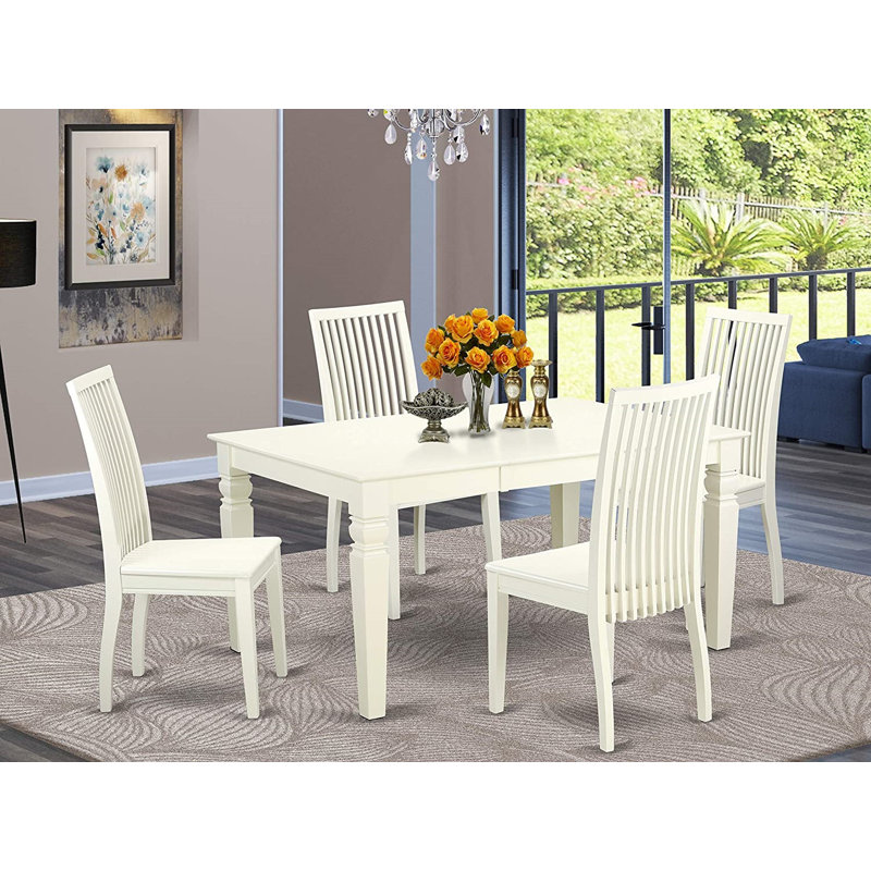 Ensemble de salle à manger 5 pièces comprenant une table rectangulaire avec rallonge papillon et 4 chaises de cuisine, lin blanc