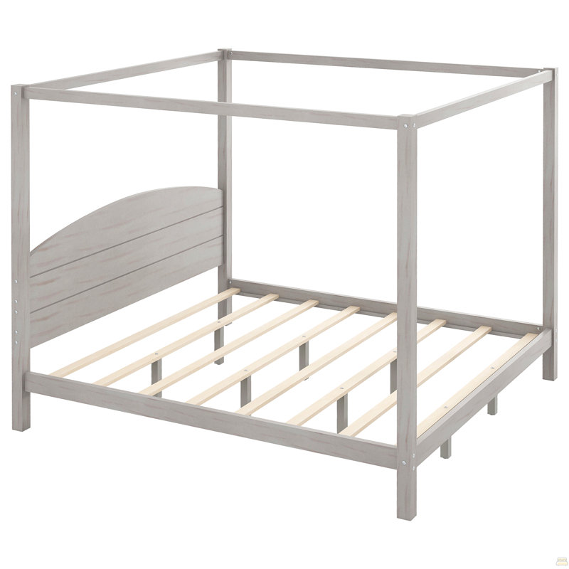Très grand lit plateforme à baldaquin avec tête de lit et pieds de soutien, gris délavé, Gris