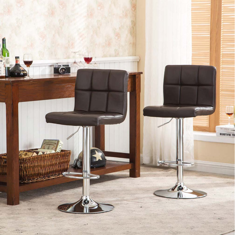 Sachel Swivel Faux Leather Adjustable Hydraulic Bar Stool Dining Chair, 2pcs, Brown