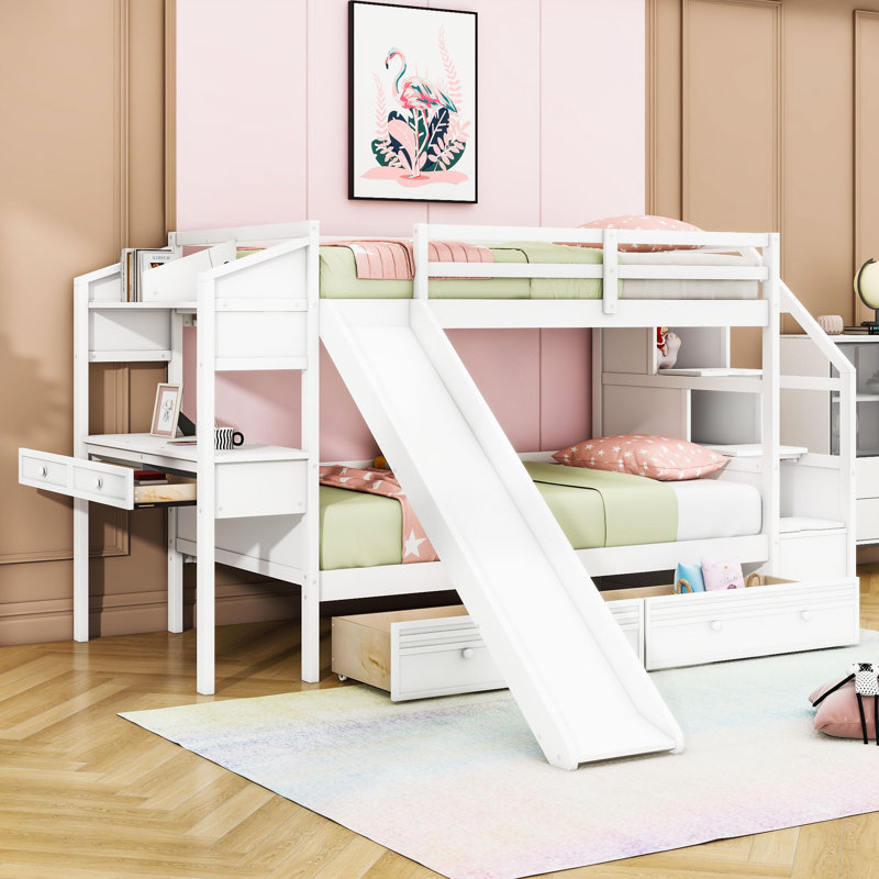 Lit superposé simple au-dessus de simple avec escalier de rangement, glissade, bureau et tiroirs Kayeson, Blanc