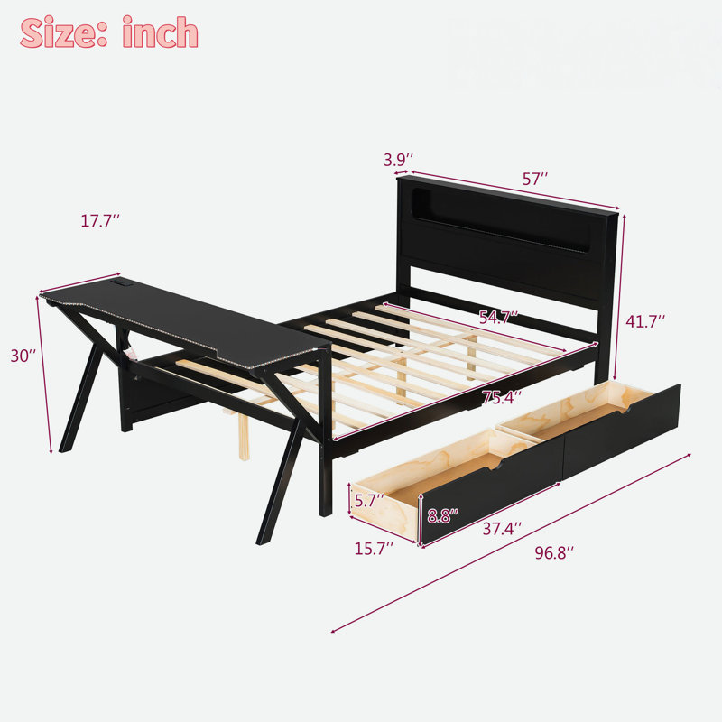 Lit plateforme en bois avec tête de lit, bureau à DEL, station de charge et 2 tiroirs de rangement, Double
