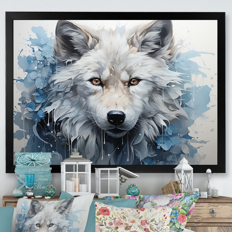 Portrait de renard bleu et blanc I sur toile, Cadre simple noir, H 16 po x l 32 po x P 1 po