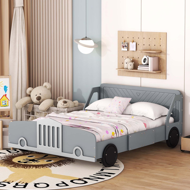 Lit plateforme en forme de voiture avec roulettes, Gris, Double