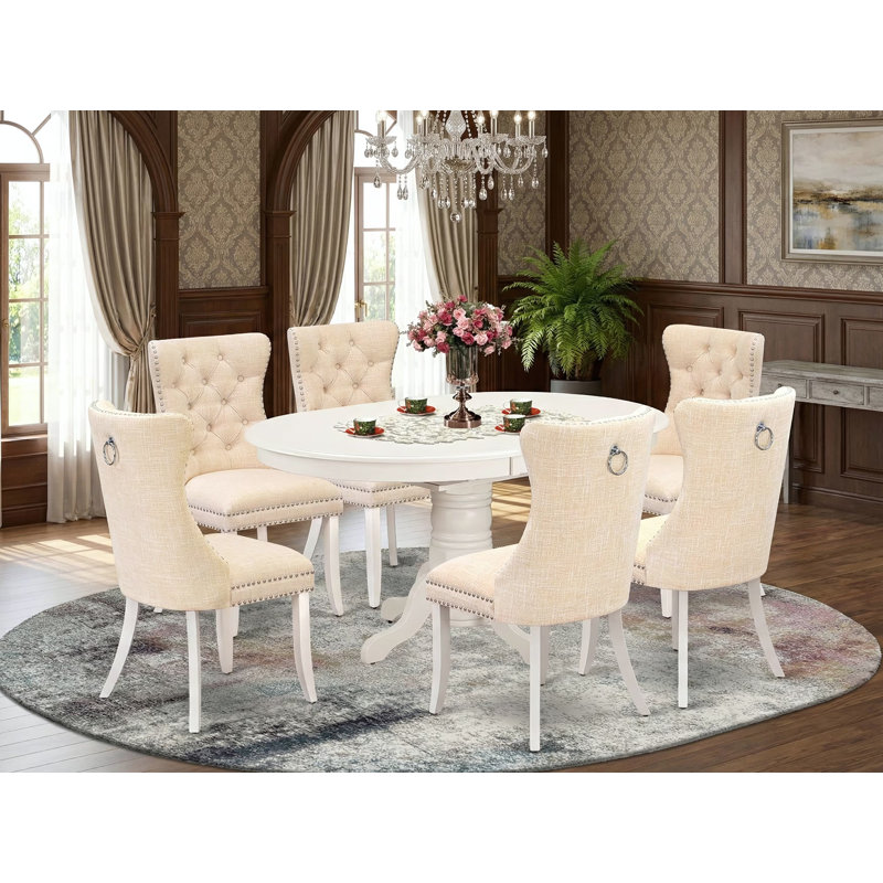 Ensemble de table de salle à manger 7 pièces comprenant une table de cuisine ovale avec rallonge amovible et 6 chaises, lin blanc