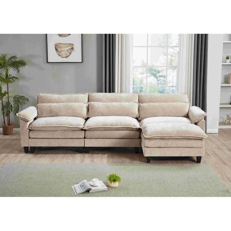 Luqi 4 Seater Modular Sectional Sofa Large L Shaped With Ottoman, Light Camel Chenille, 35.8" H x 115" W x 52.4" D
