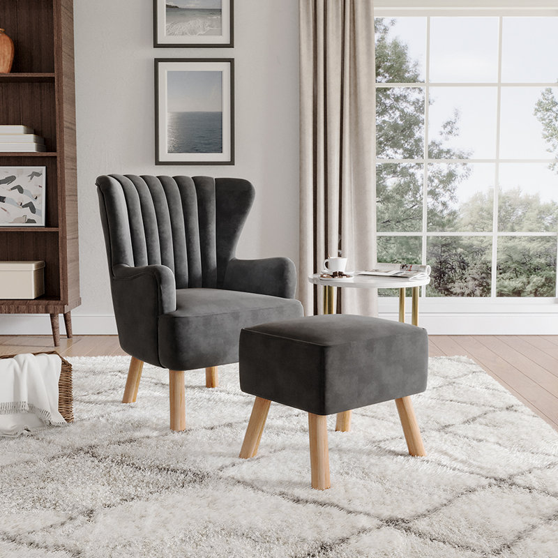 Aeroome Upholstered Wingback Chair with Footstool, Gray