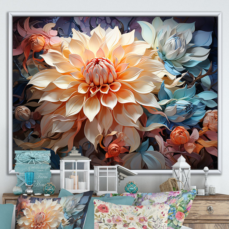 Dahlia Blossom Reverie sur toile, Cadre flottant blanc, H 34 po x l 44 po x P 1,5 po