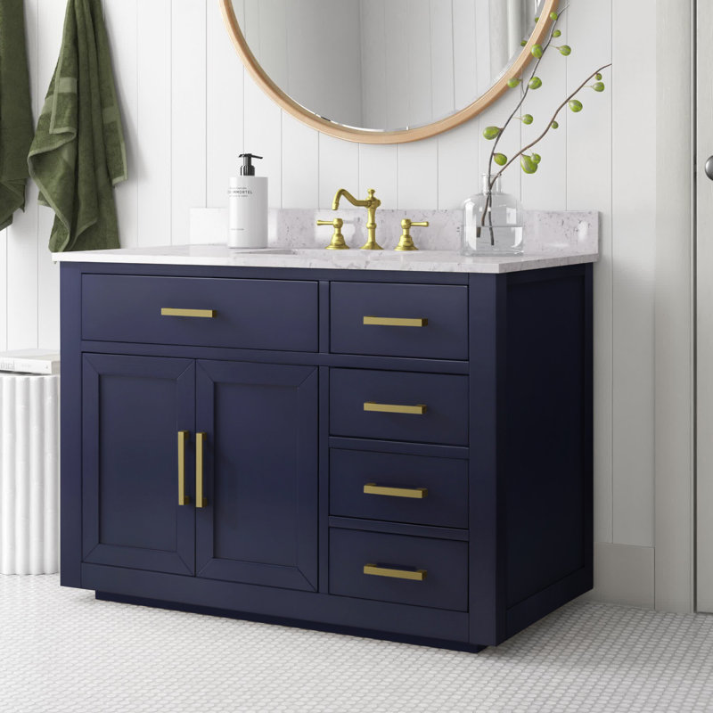 Meuble-lavabo simple autoportant de 42 po avec plateau en pierre d'ingénierie Ingalls, Blanc, Soft Carrara White