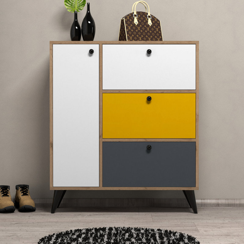 9 Pair Shoe Storage Cabinet, Oak/White/Yellow/Anthracite