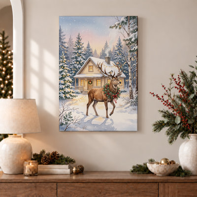 Art mural sur toile, cerf avec couronne festive dans la forêt d'hiver enneigé