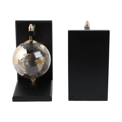 Decorative Glass and Metal Globes Bookends - Modern Book Ends for Home Decor, Bookshelf, or Desk Accent - Set of 2", 9", Black & Silver