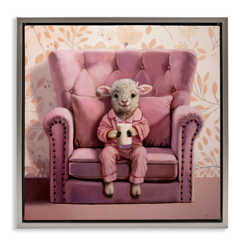 «Baby Cow in Pink Chair» par Lucia Heffernan, Cadre flottant gris lustré, H 18 po x l 18 po x P 1,7 po
