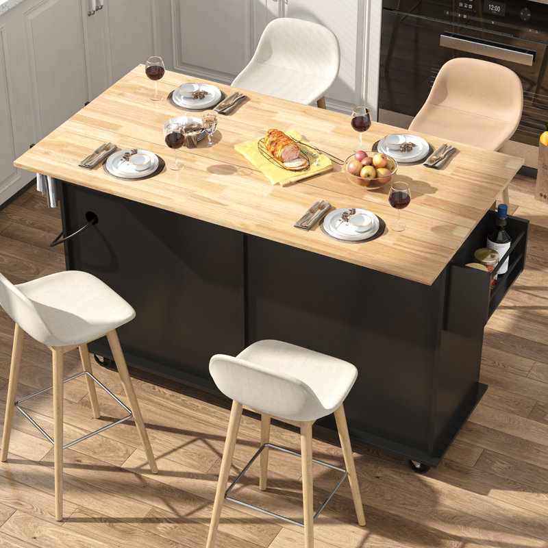 63" Movable Kitchen Island with Drop Leaf and Power Outlet, Rolling Kitchen Cart with Rubber wood Countertop, Island Table on Wheels for Kitchen w/2 Drawers, Spice Rack, Towel Bar, Adjustable Shelves