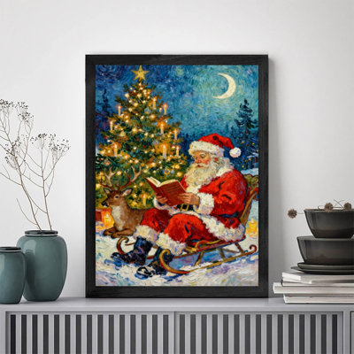 Art mural rétro noir encadré scène de Noël - Estampe classique festive
