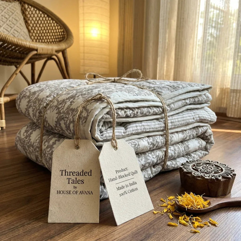 House of Avana Cream & Rose Pink Botanical Floral Jaipur Indian Hand Block Print Quilted Comforter, Cream Rust Deep Purple
