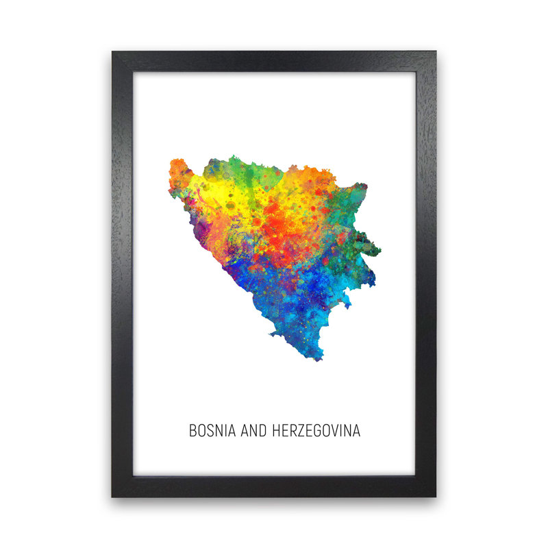 Bosnia And Herzegovina Watercolour Map by Michael Tompsett - Print, Black Framed, 88cm H x 64cm W x 3cm D