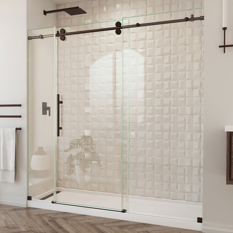 Enigma-XO 68" W x 76" H Single Sliding Frameless Shower Door with ClearMax™ Technology, Oil Rubbed Bronze