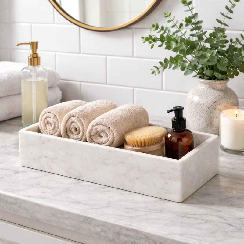 Plateau décoratif avec rebords surélevés, marbre blanc rectangulaire de 15 pouces