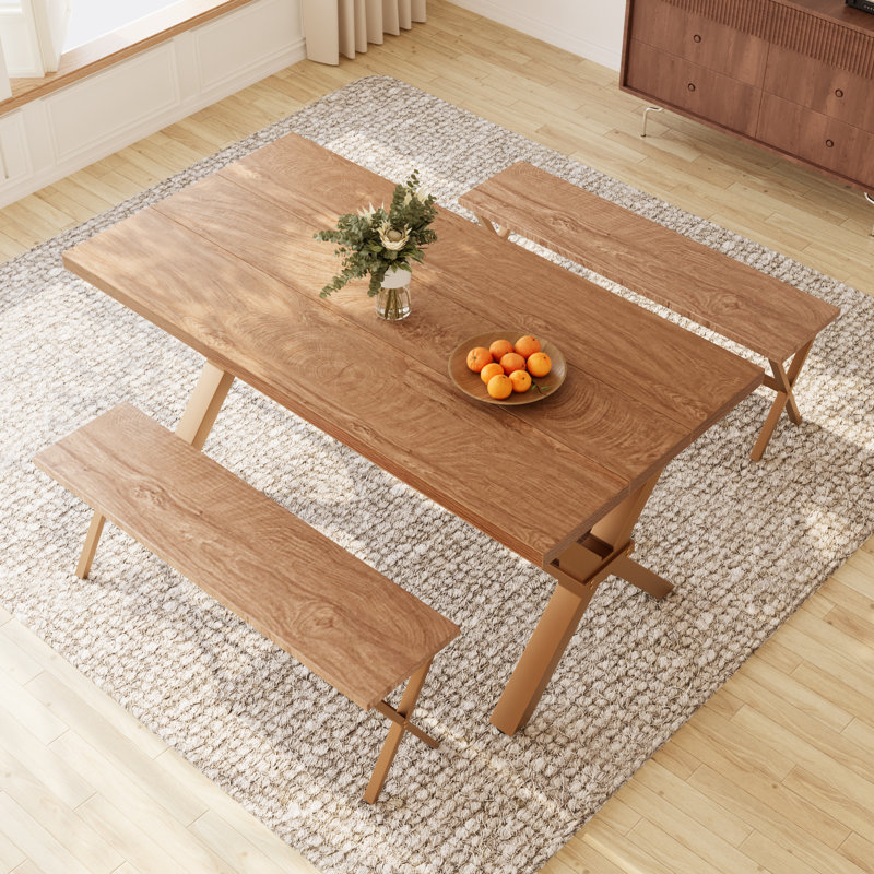 Kristofer Kitchen Dining Table Set, Rectangle Dining Table with Dining Bench(Table, 2 Benches), Cream