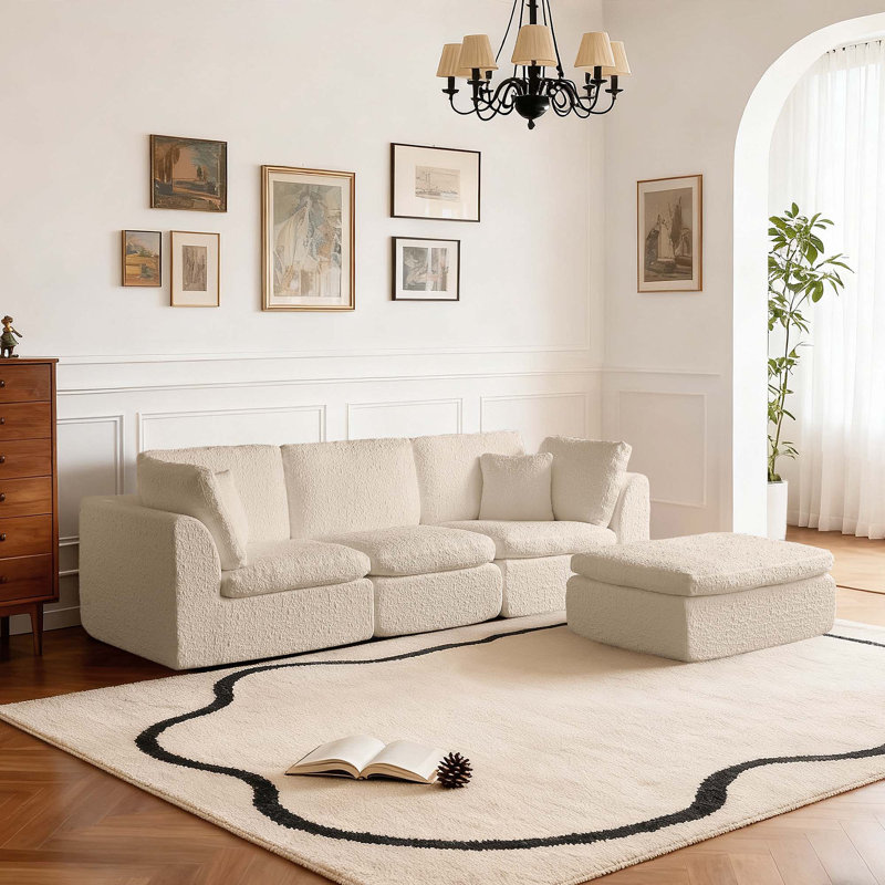Canapé modulaire convertible en L de 110 po avec canapé-lit modulaire 3 places avec repose-pieds pour salon, Chenille beige