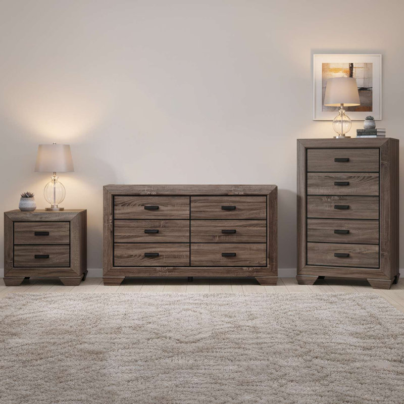 Ensemble de rangement de chambre à coucher brun vieilli 3 pièces avec commode, commode et table de chevet