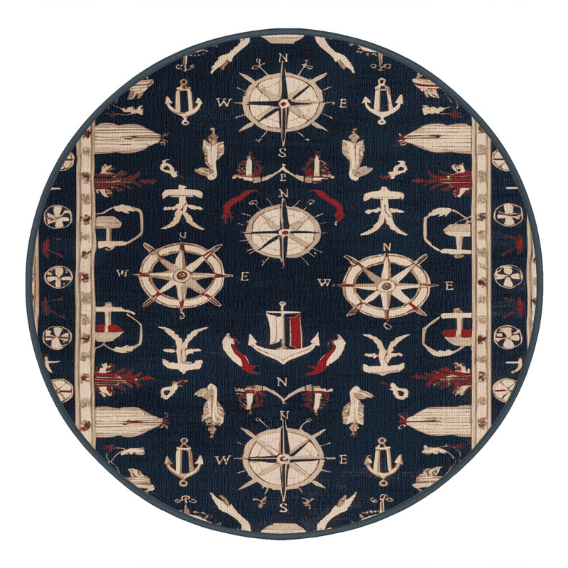 Washable Mediterranean maritime Nautical Area Rug, Round 4'