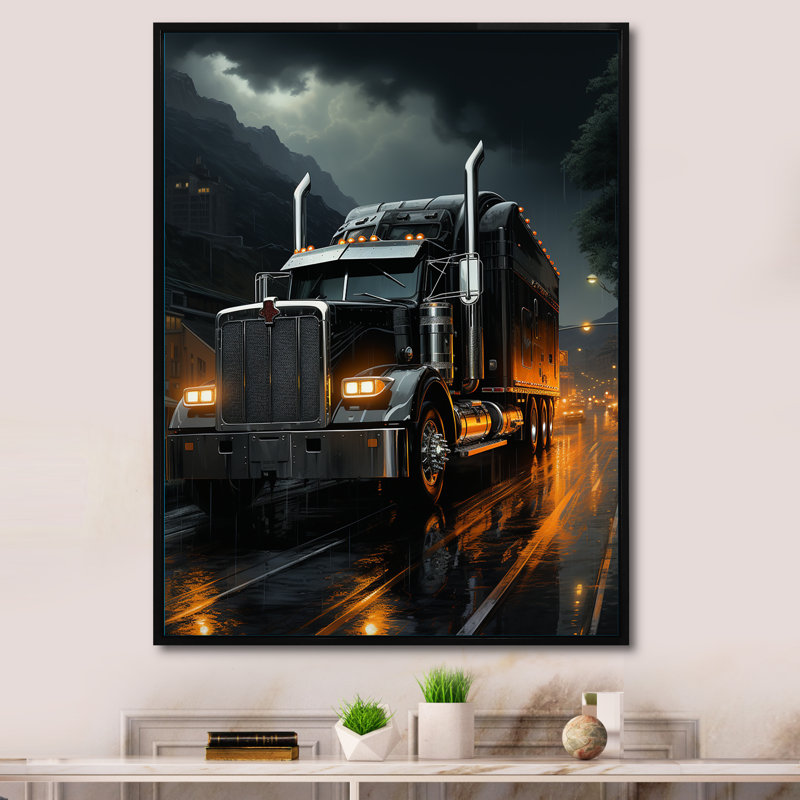 Midnight cruiser semi camion III - camion, reproduction d'art sur toile, H 44 po x l 34 po x P 1,5 po, Cadre flottant noir