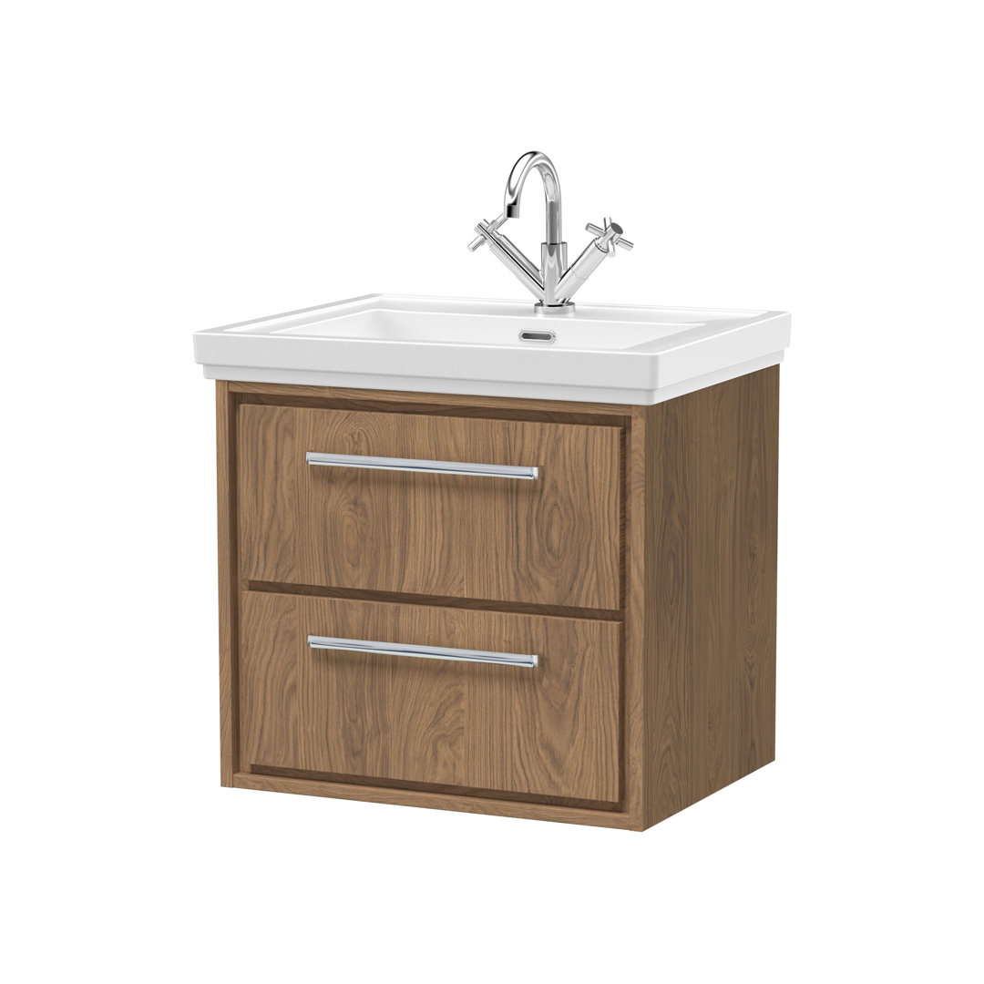 Hudson Reed Lille 600mm Wall Hung Vanity Unit with Basin - Antique Oak - 2 Drawer - Image 2