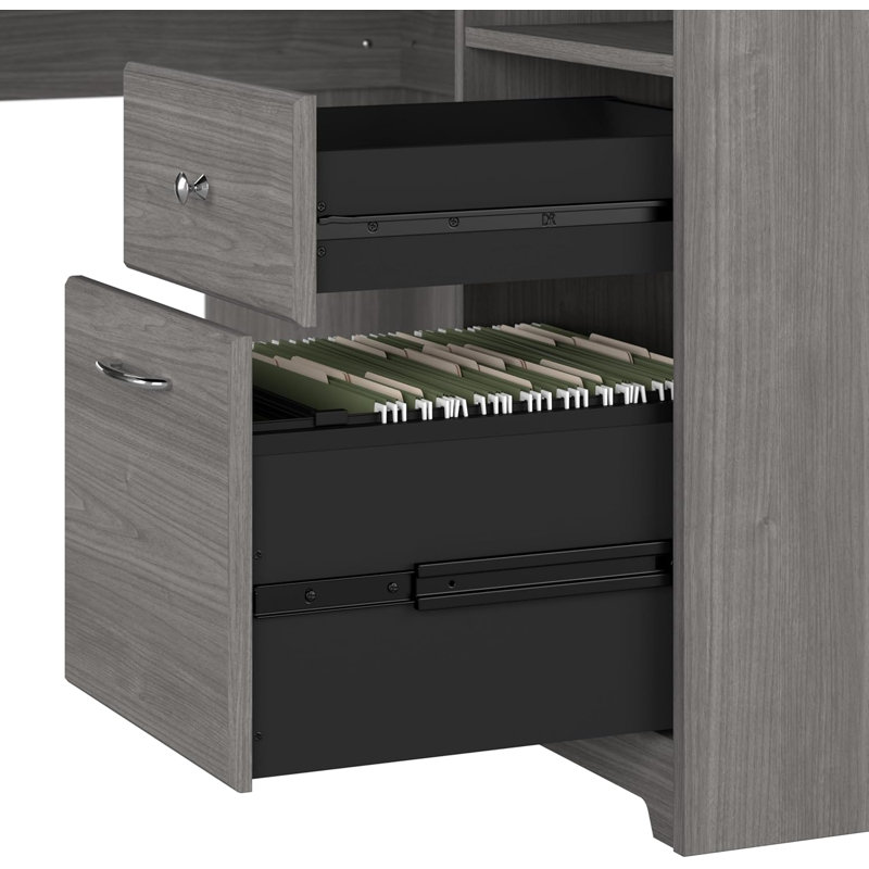 Bureau d'ordinateur en forme de L, bureau de coin gris moderne avec tiroirs et rangement pour l'espace de travail à domicile