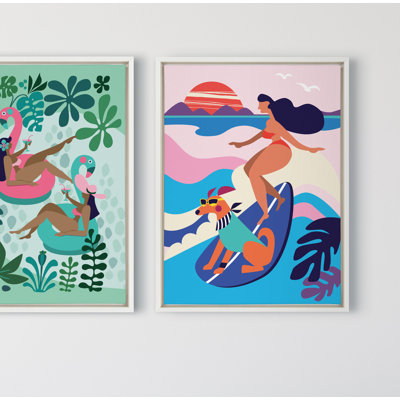 Mid Century Modern Surf Dog by Rachel Lee 3 Birdies Studio Framed Canvas Wall Art Print