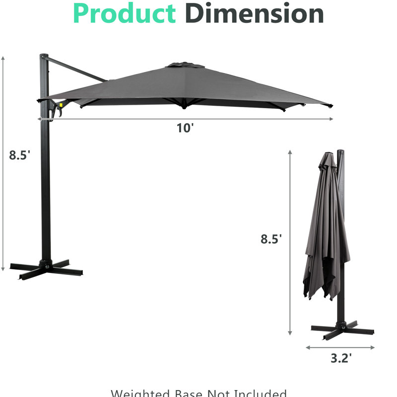 Parasol d'extérieur gris 10 pi. Rotation à 360 ° et inclinaison réglable. Tissu protégé. Fabrication pour patio inclinable.