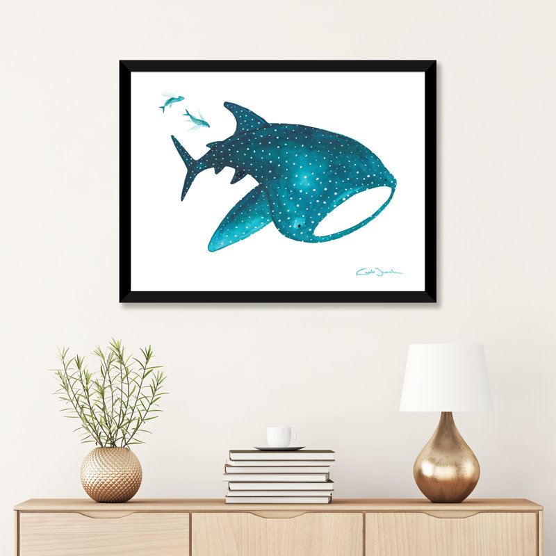 " Whale Shark And Fishes ", White, Black Framed Paper, 24" H x 32" W x 1" D