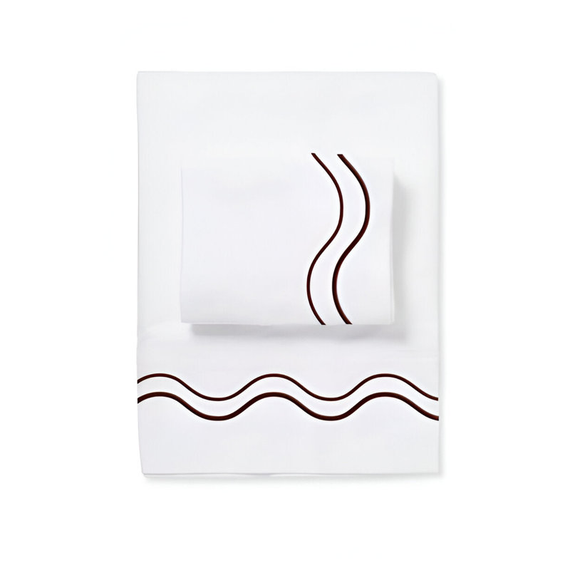 Double Wavy Embroidered Cotton 4 Piece Sheet Set Fitted Sheet Fits Upto 16" Deep Pocket, Chocolate Border